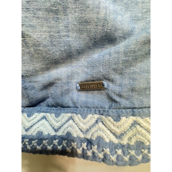 Hollister Women's Strapless Chambray Romper Size M Blue White Embroidery Stretch - Picture 7 of 13
